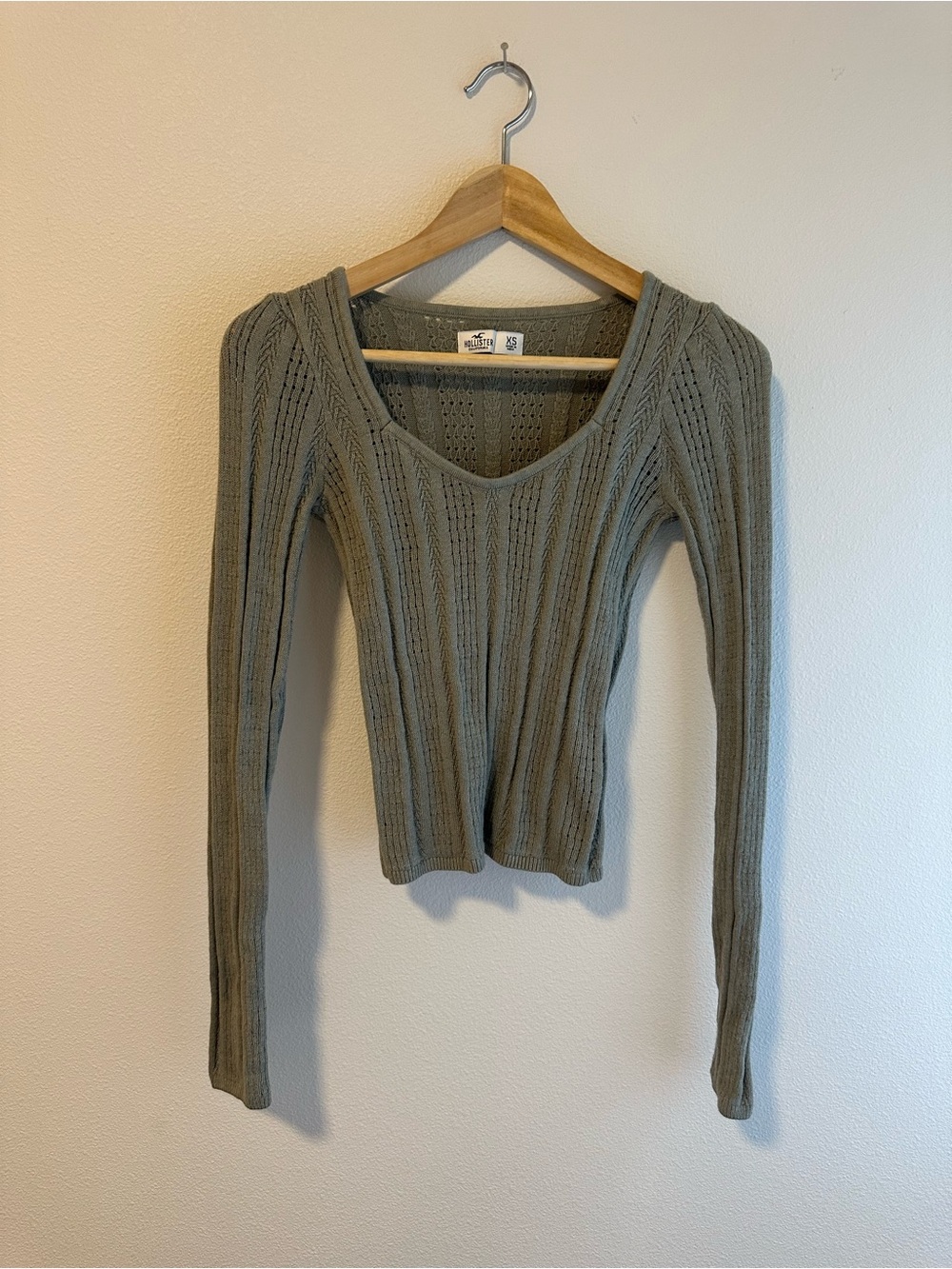 Hollister Ribbed Scoop Neck Long Sleeve Women's Top - Olive Green